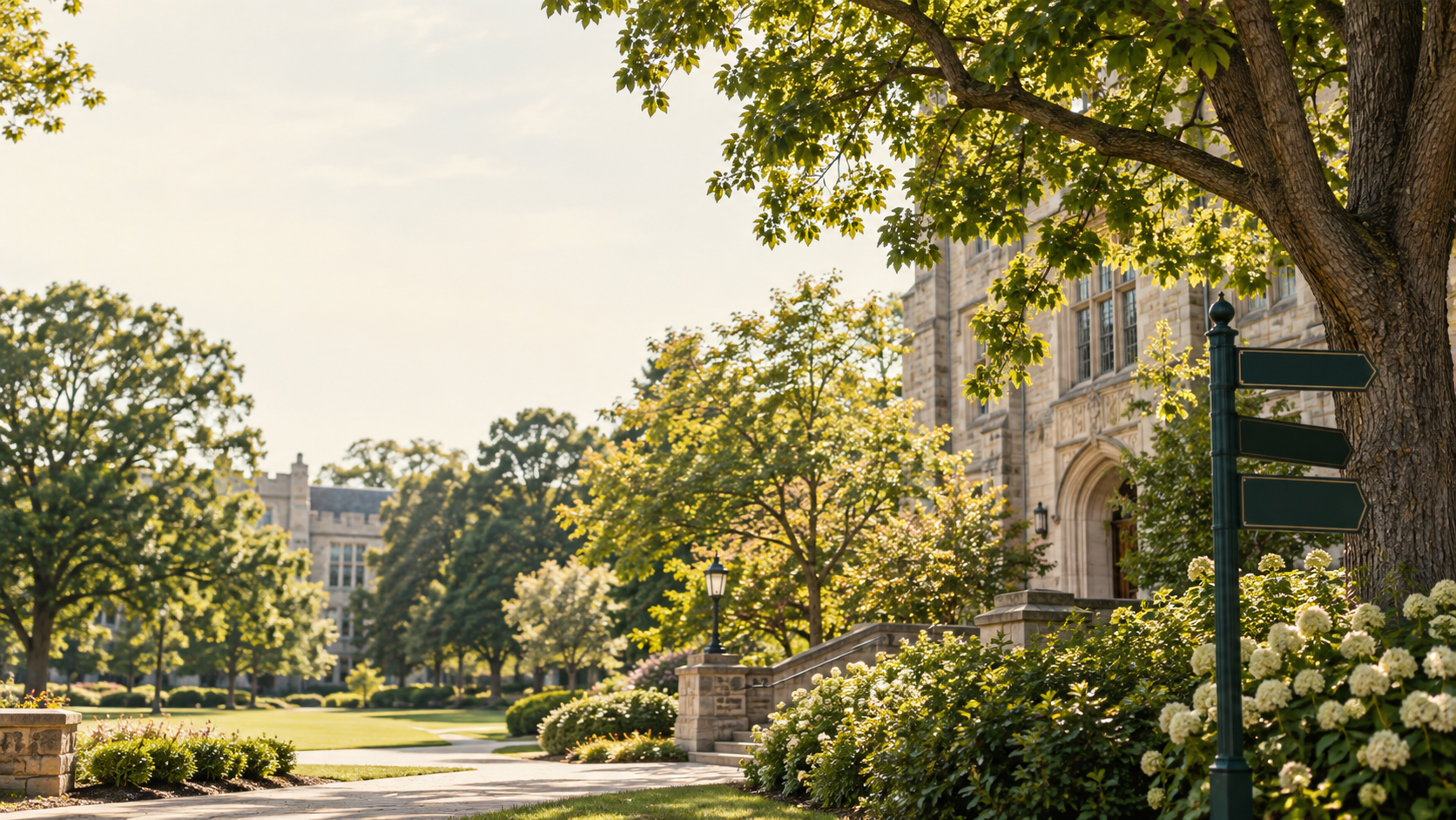 A bright campus path beneath mature trees