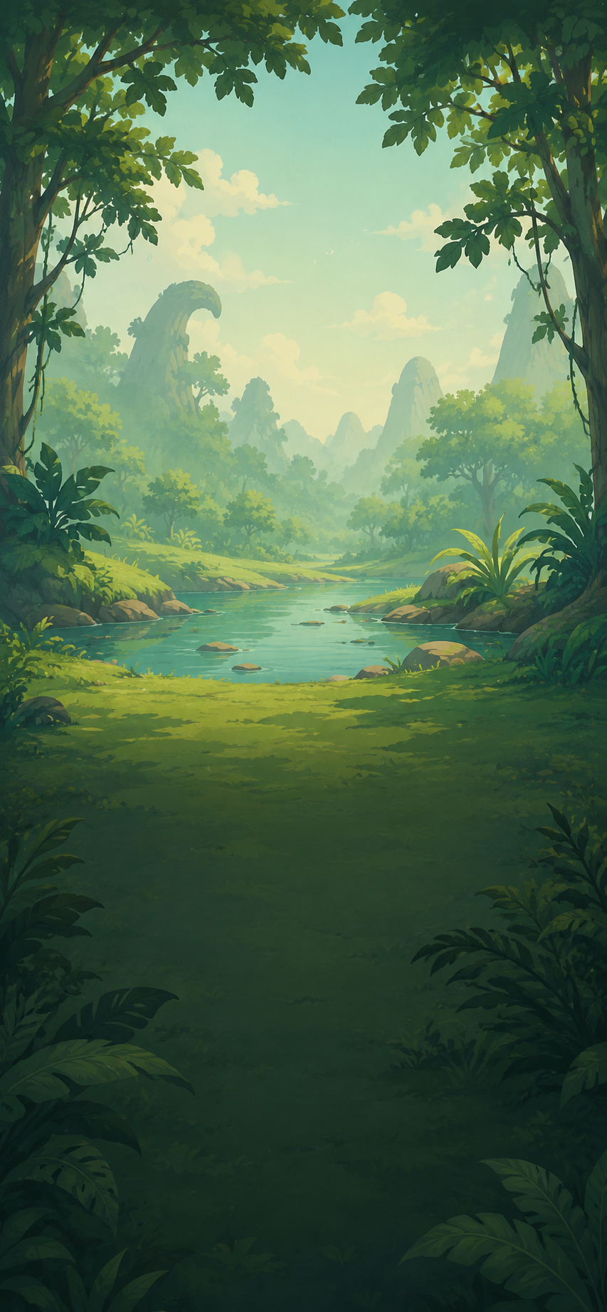 An illustrated green campus forest with a river